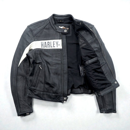 HARLEY DAVIDSON パンチングレザー レーシングジャケット L シングルライダース ダブルジップ 白ライン