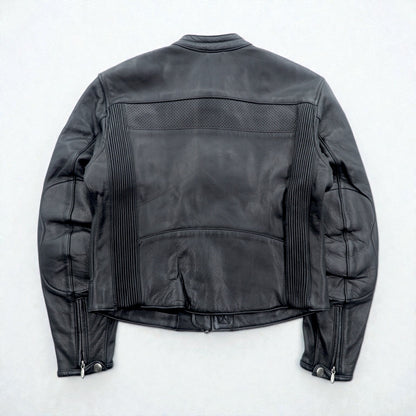 HARLEY DAVIDSON パンチングレザー レーシングジャケット L シングルライダース ダブルジップ 白ライン