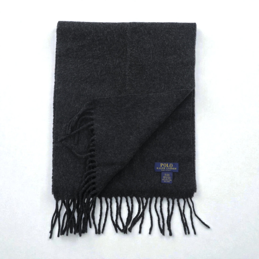 Polo Ralph Lauren Made in Italy Fringe Scarf Gray Wool Small Pony Embroidery