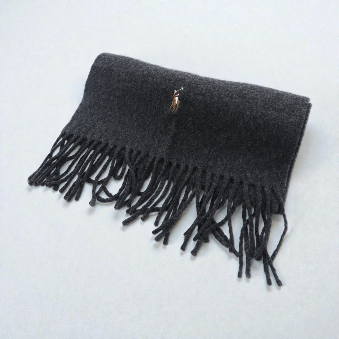 Polo Ralph Lauren Made in Italy Fringe Scarf Gray Wool Small Pony Embroidery