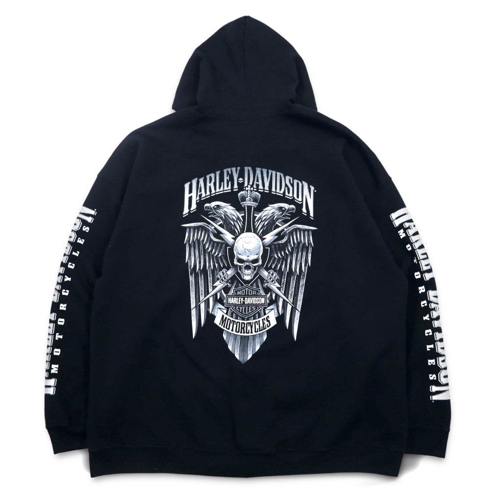 HARLEY DAVIDSON ビッグサイズ フルジップパーカー 3XL ブラック コットン バックロゴ スカル