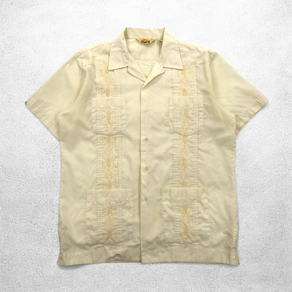 90s SUN II Box Cuban Shirt L Cream Polyester Cotton Embroidery