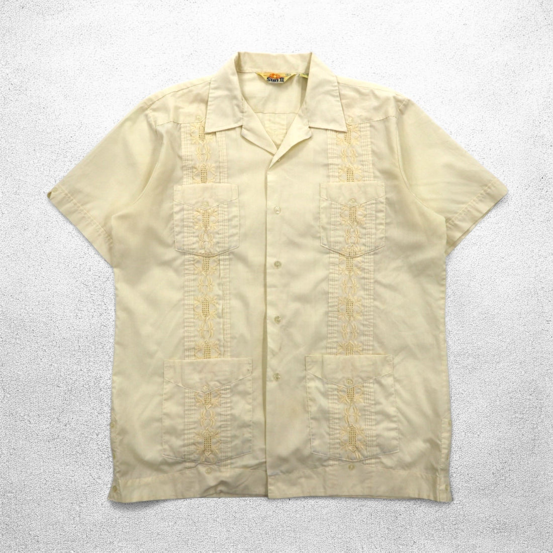 90s SUN II Box Cuban Shirt L Cream Polyester Cotton Embroidery