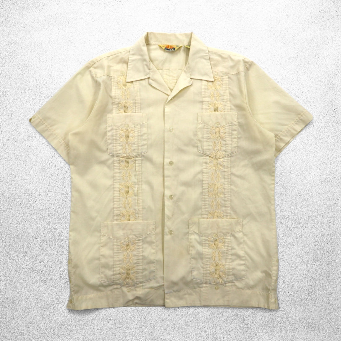 90s SUN II Box Cuban Shirt L Cream Polyester Cotton Embroidery