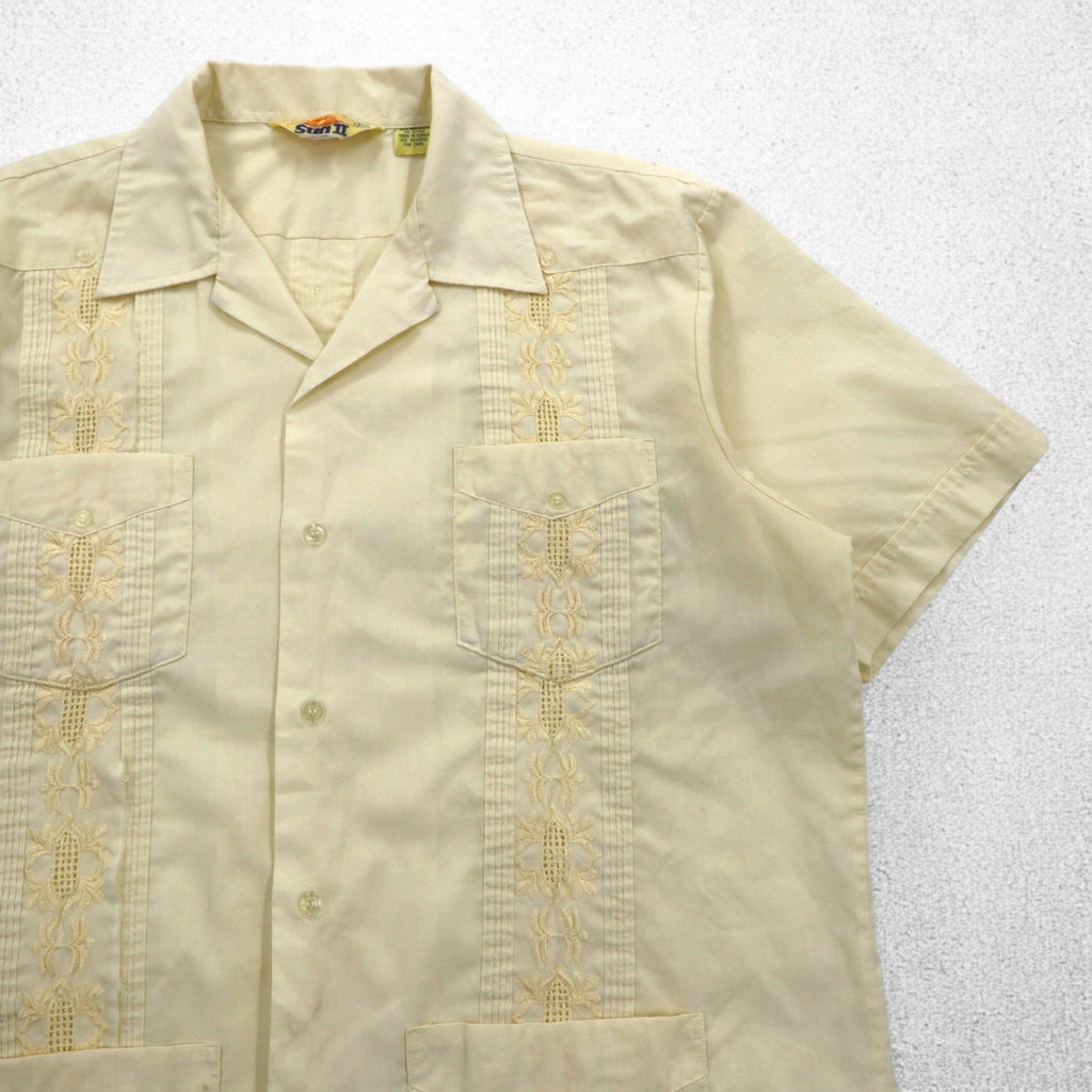 90s SUN II Box Cuban Shirt L Cream Polyester Cotton Embroidery
