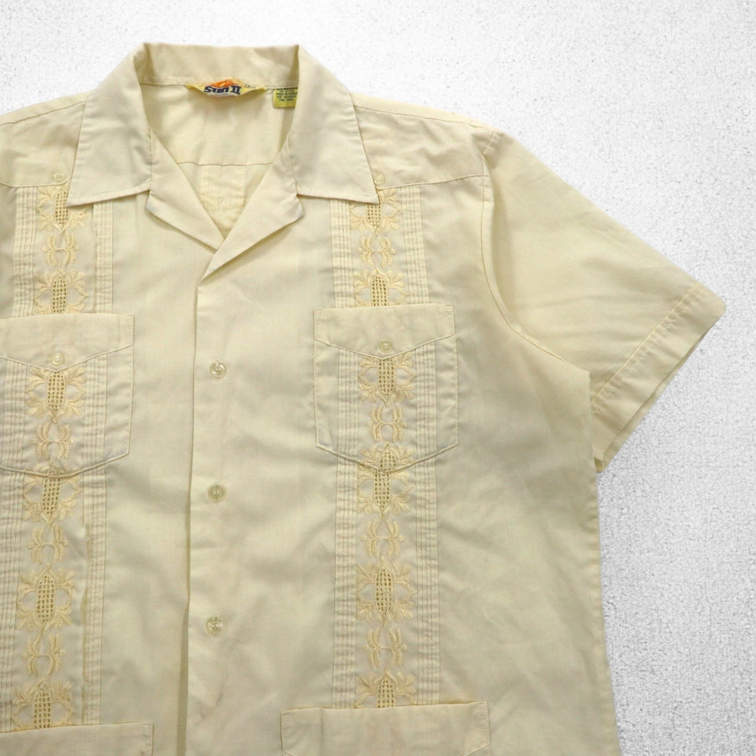 90s SUN II Box Cuban Shirt L Cream Polyester Cotton Embroidery