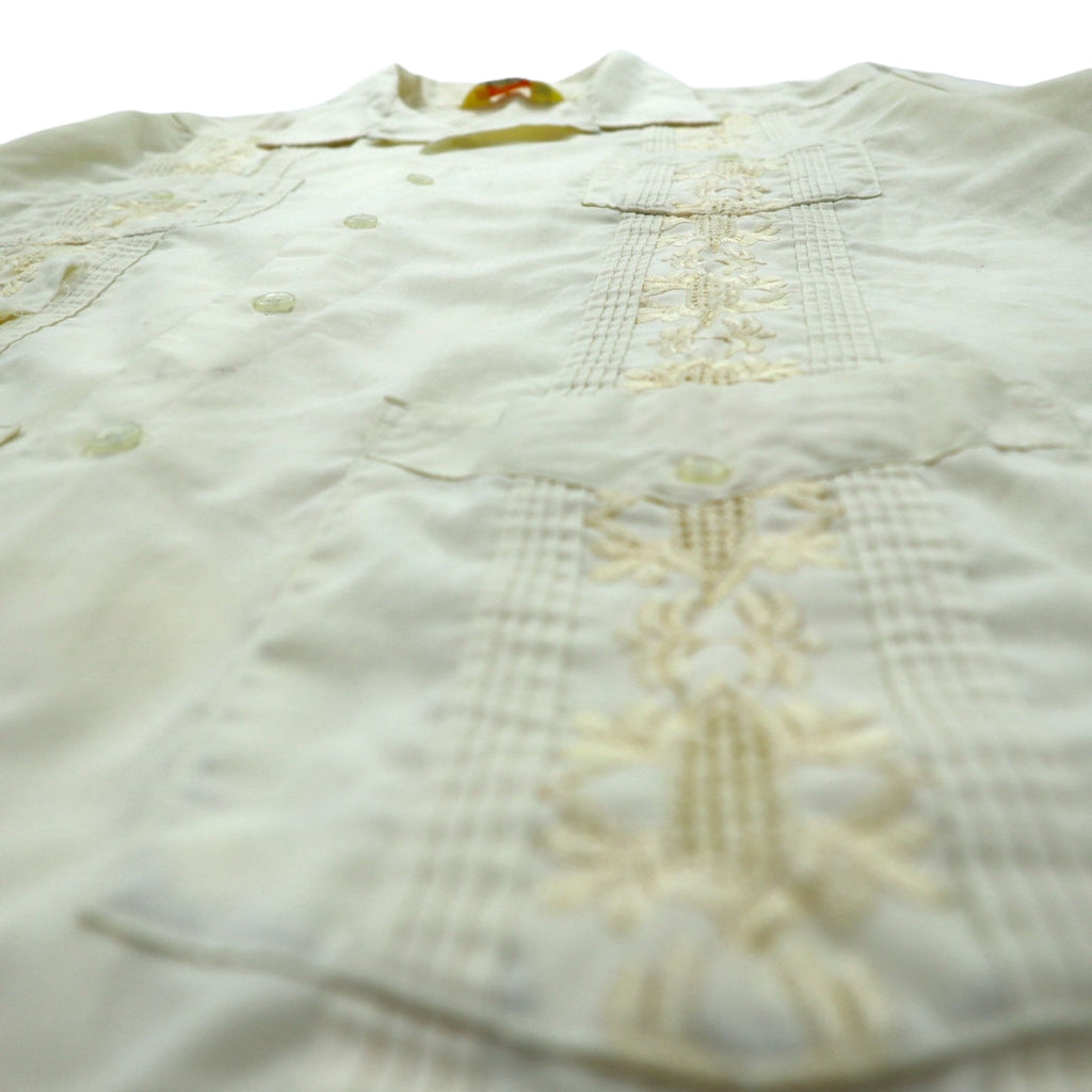 90s SUN II Box Cuban Shirt L Cream Polyester Cotton Embroidery