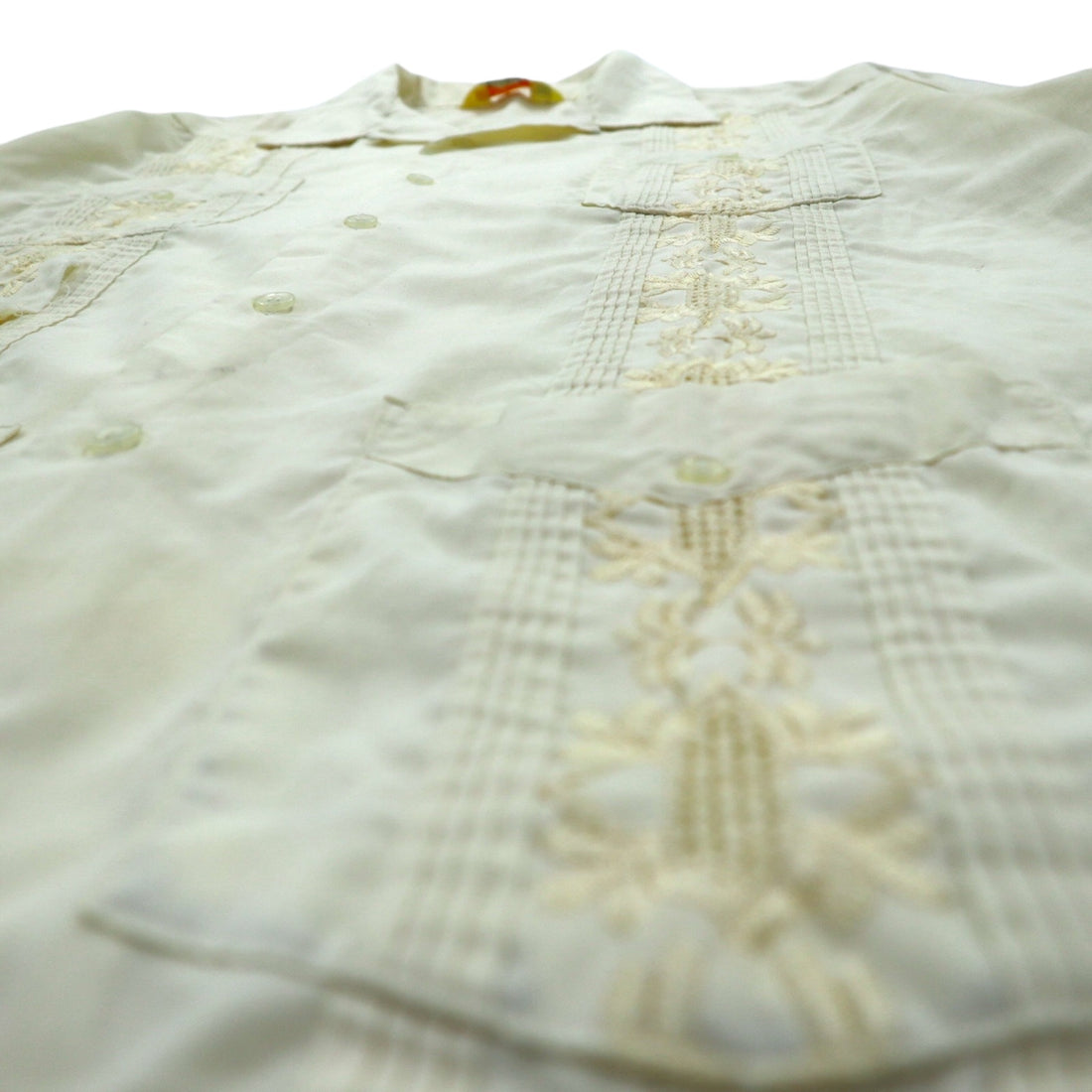 90s SUN II Box Cuban Shirt L Cream Polyester Cotton Embroidery