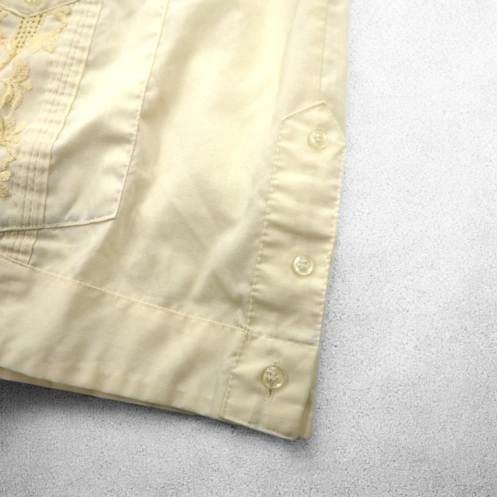 90s SUN II Box Cuban Shirt L Cream Polyester Cotton Embroidery