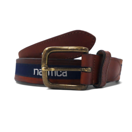 日本然リトテ-古着オンライン-nautica 90年代 レザー ベルト 38 ブラウン 万国旗 トルコ製-nautica 90's Leather Belt 38 Brown Flag Türkiye Made