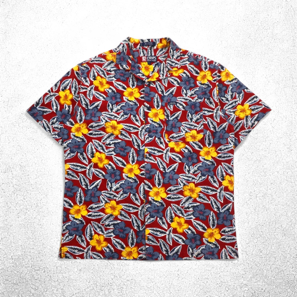 CHAPS RALPH LAUREN 90s Aloha Shirt L Red Cotton All-over Hibiscus Chest Pocket