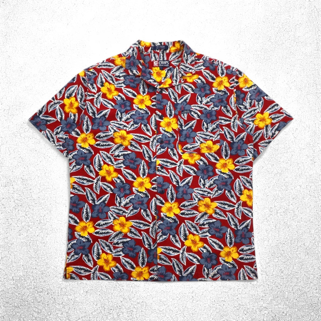 CHAPS RALPH LAUREN 90s Aloha Shirt L Red Cotton All-over Hibiscus Chest Pocket
