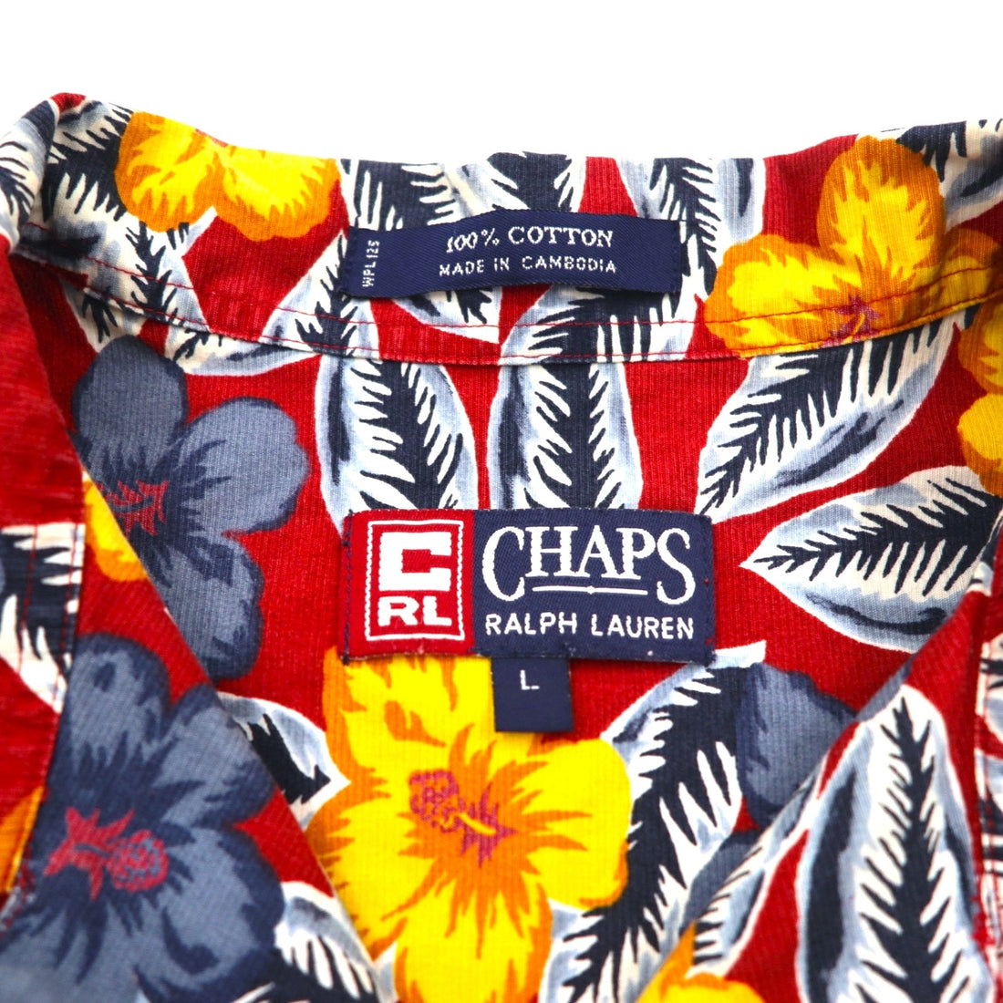 CHAPS RALPH LAUREN 90s Aloha Shirt L Red Cotton All-over Hibiscus Chest Pocket