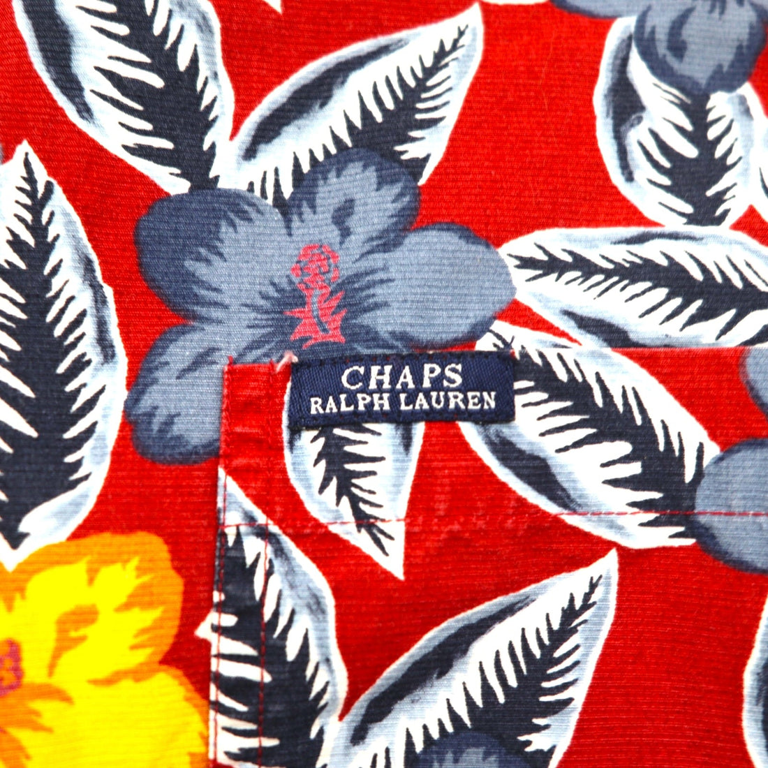 CHAPS RALPH LAUREN 90s Aloha Shirt L Red Cotton All-over Hibiscus Chest Pocket