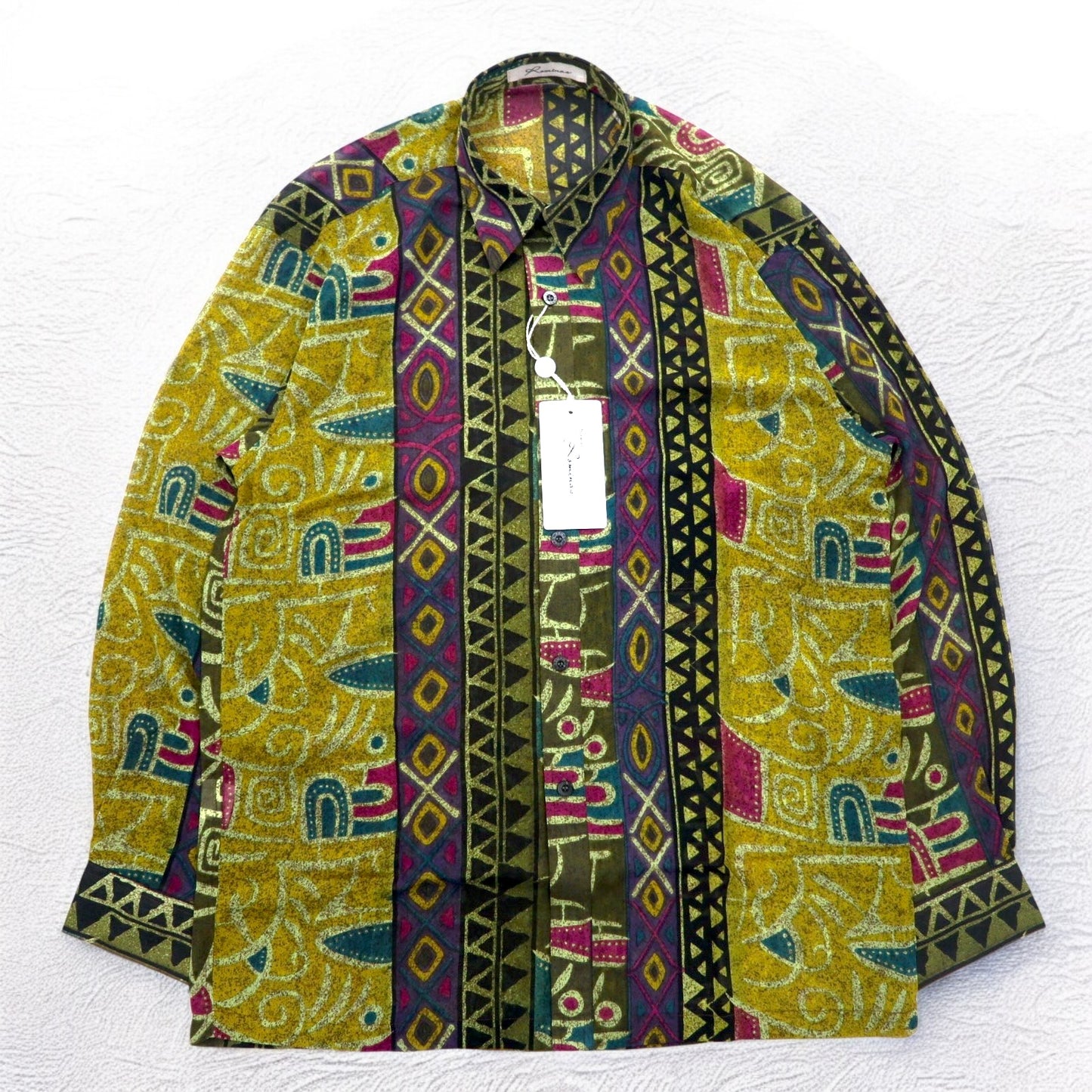 Vintage 90s Japan Made Native Shirt Roman Rominas 90年代 レトロ 総柄 ポリシャツ M マルチカラー ネイティブ 日本製 未使用品