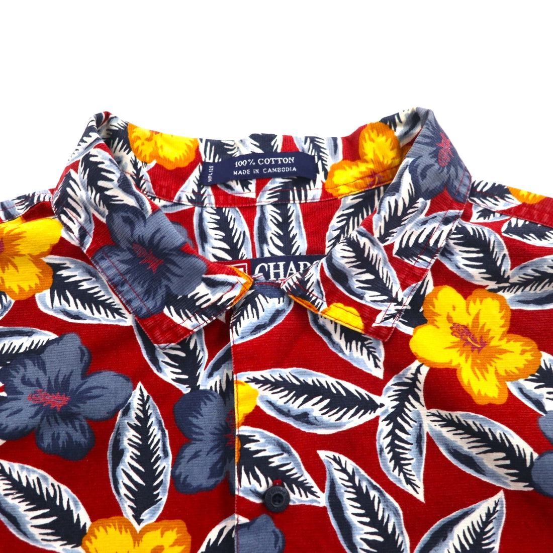 CHAPS RALPH LAUREN 90s Aloha Shirt L Red Cotton All-over Hibiscus Chest Pocket
