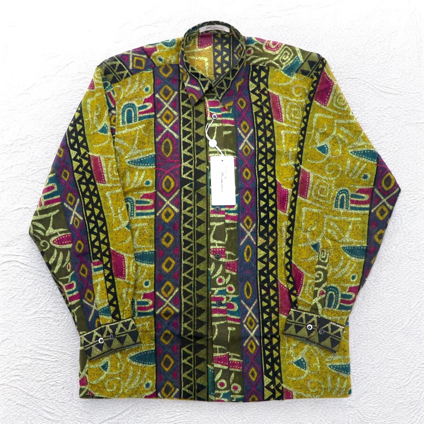 Vintage 90s Japan Made Native Shirt Roman Rominas 90年代 レトロ 総柄 ポリシャツ M マルチカラー ネイティブ 日本製 未使用品