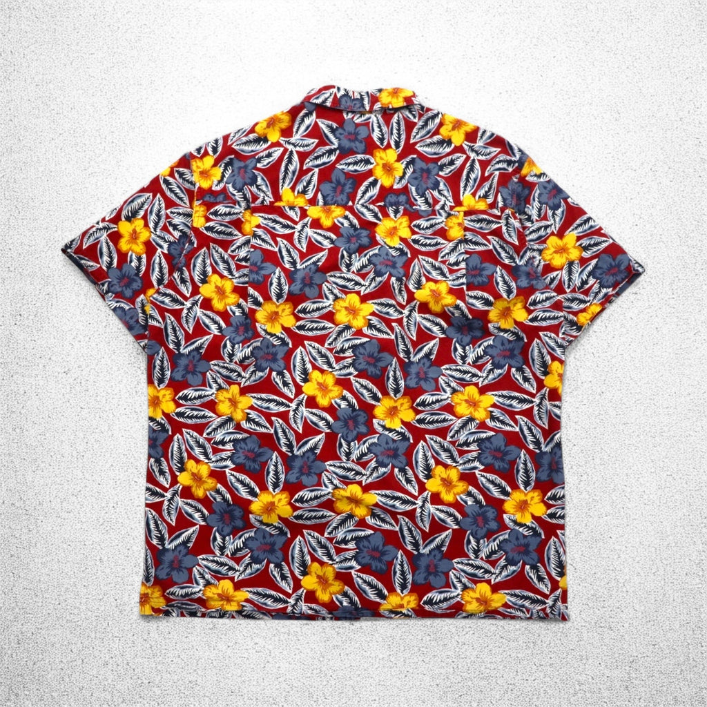 CHAPS RALPH LAUREN 90s Aloha Shirt L Red Cotton All-over Hibiscus Chest Pocket