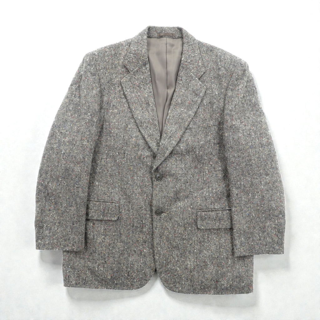 GRESHAM 90s Tweed Tailored Jacket, Nep, 2B, Leather, Medium, Gray Wool