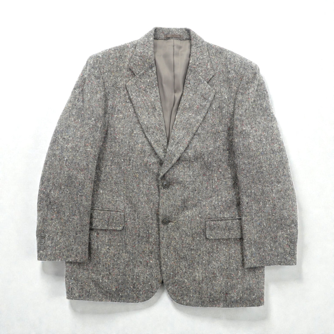 GRESHAM 90s Tweed Tailored Jacket, Nep, 2B, Leather, Medium, Gray Wool