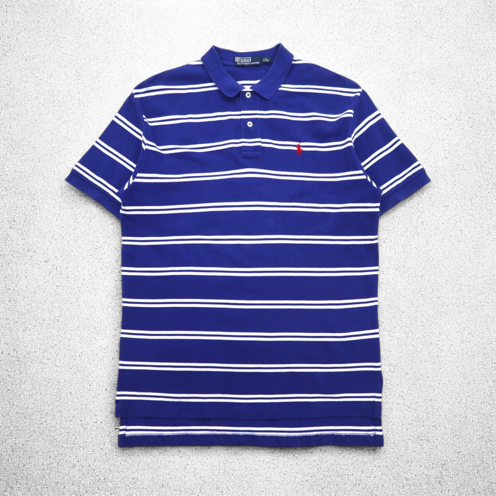 Polo by Ralph Lauren 90s Striped Polo Shirt, Medium, Blue, Cotton, Pique, Small Pony Embroidery