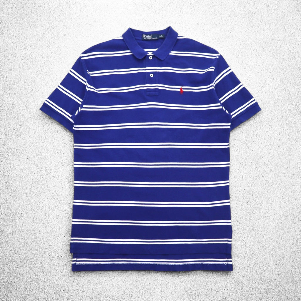 Polo by Ralph Lauren 90s Striped Polo Shirt, Medium, Blue, Cotton, Pique, Small Pony Embroidery
