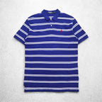 Polo by Ralph Lauren 90s Striped Polo Shirt, Medium, Blue, Cotton, Pique, Small Pony Embroidery