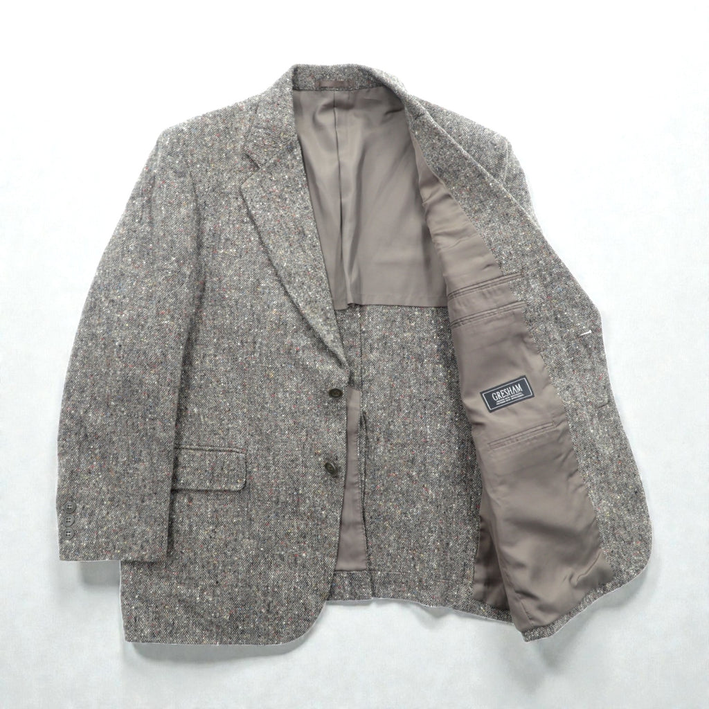 GRESHAM 90s Tweed Tailored Jacket, Nep, 2B, Leather, Medium, Gray Wool
