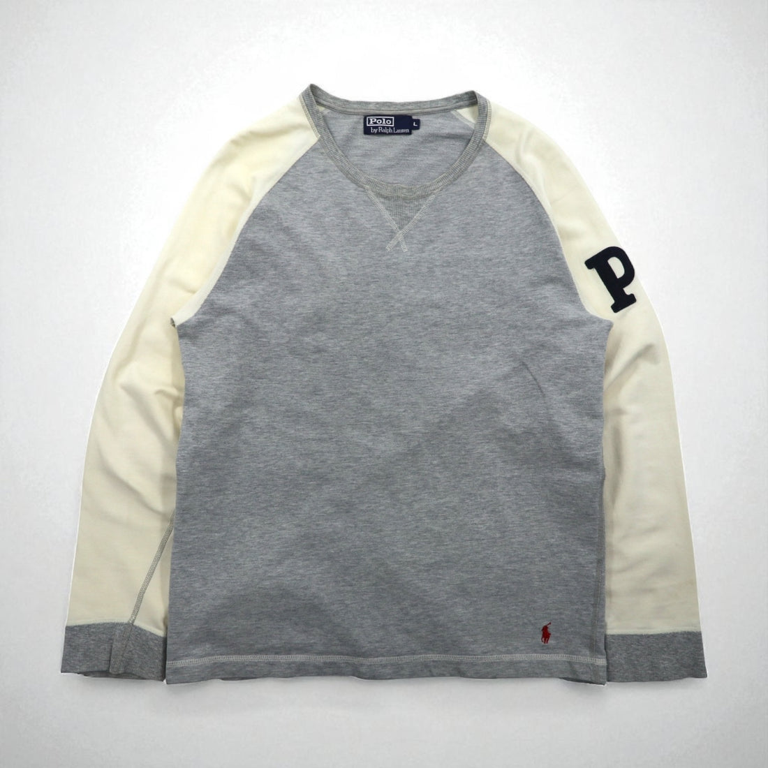 Polo Ralph Lauren 90s Lightweight Raglan V-Neck Sweatshirt, Gray, Size L, with Small Pony Embroidery