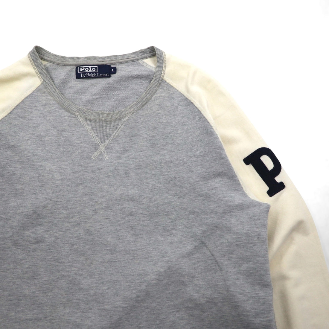 Polo Ralph Lauren 90s Lightweight Raglan V-Neck Sweatshirt, Gray, Size L, with Small Pony Embroidery