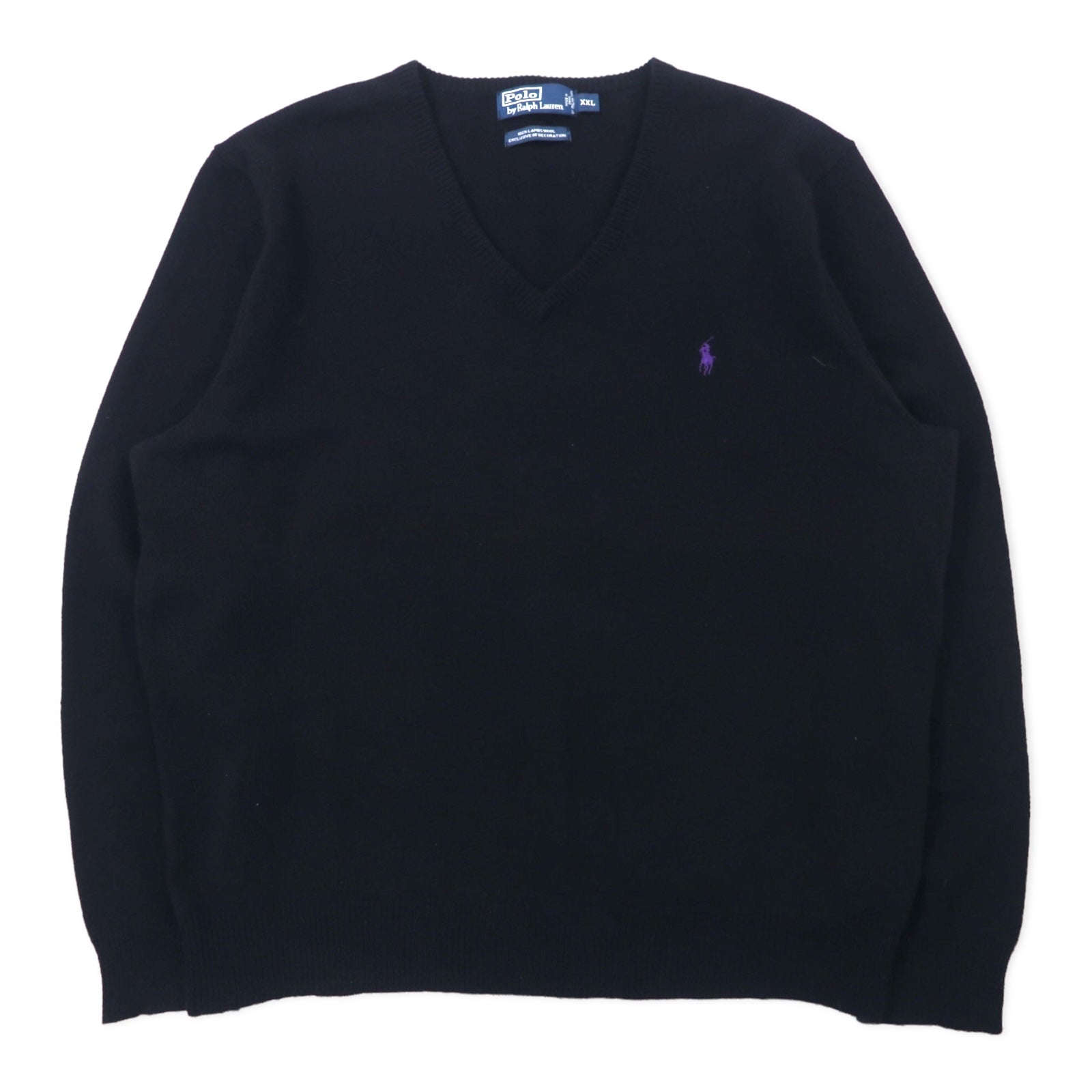 日本然リトテ-古着オンライン-Polo by Ralph Lauren Vネック ニット セーター XXL ブラック ラムウール スモールポニー刺繍 ビッグサイズ-Polo by Ralph Lauren V-Neck Knit Sweater XXL Black Lambswool Small Pony Embroidery Big Size