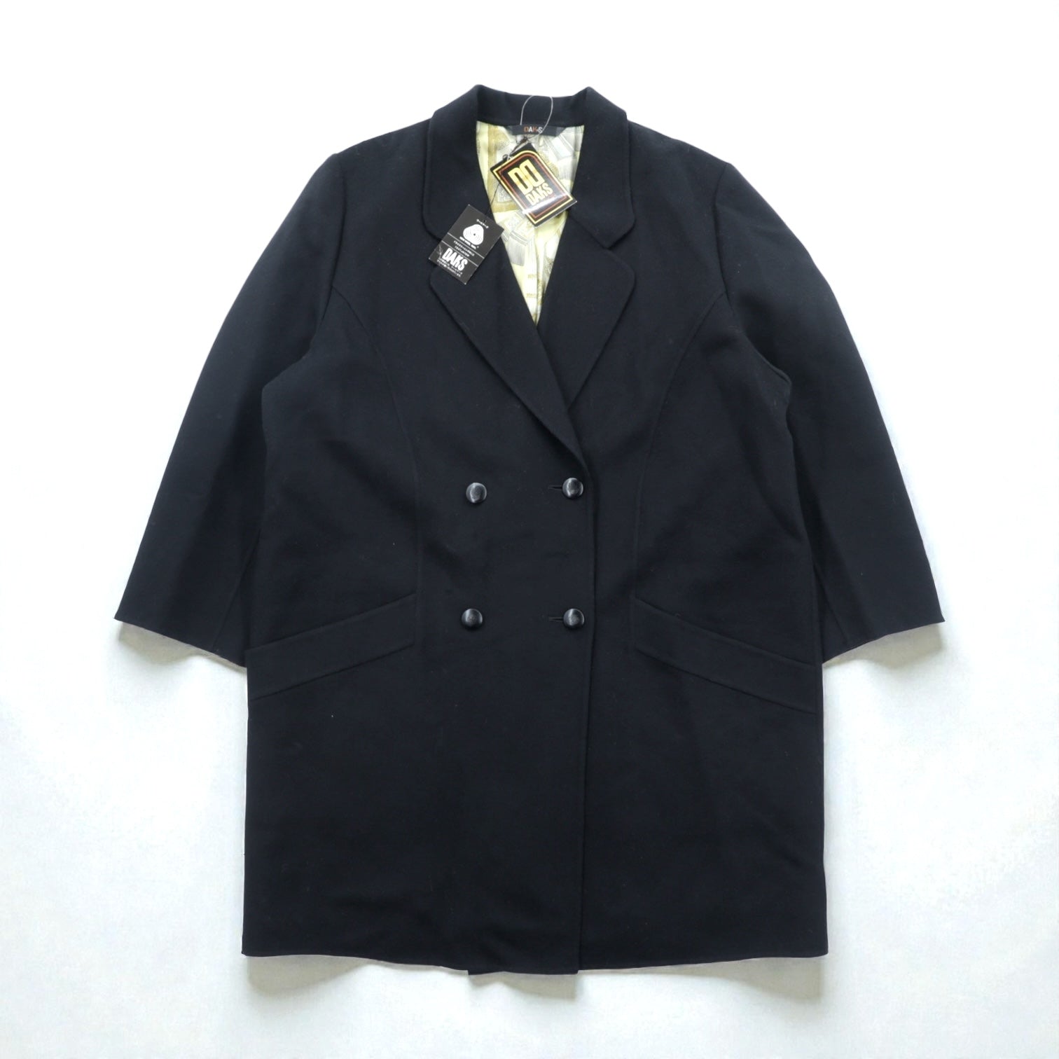 DAKS 日本製 カシミア ダブルブレスト チェスターコート XL ブラック サテン裏地 スカーフ 総柄 未使用品