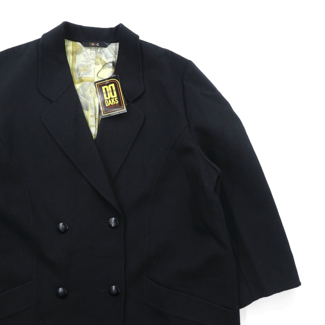 DAKS 日本製 カシミア ダブルブレスト チェスターコート XL ブラック サテン裏地 スカーフ 総柄 未使用品