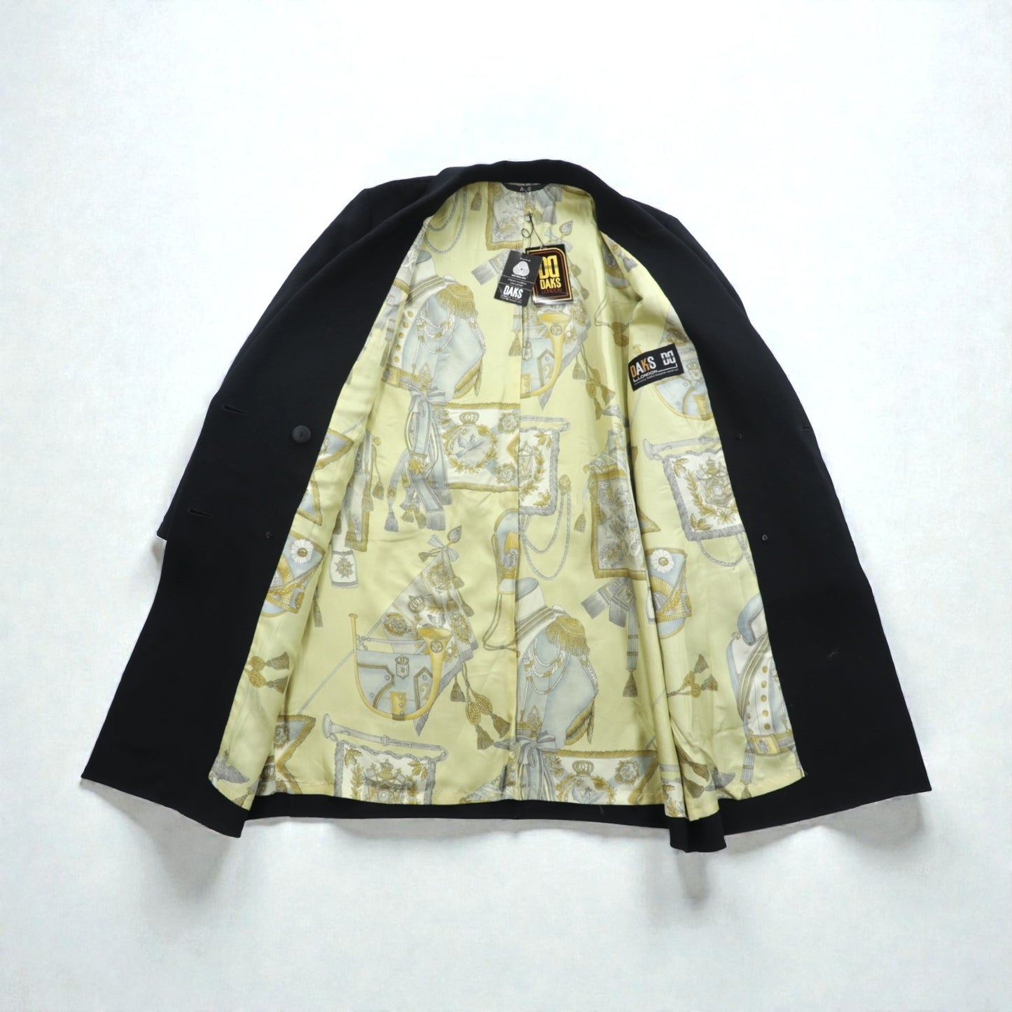 DAKS 日本製 カシミア ダブルブレスト チェスターコート XL ブラック サテン裏地 スカーフ 総柄 未使用品