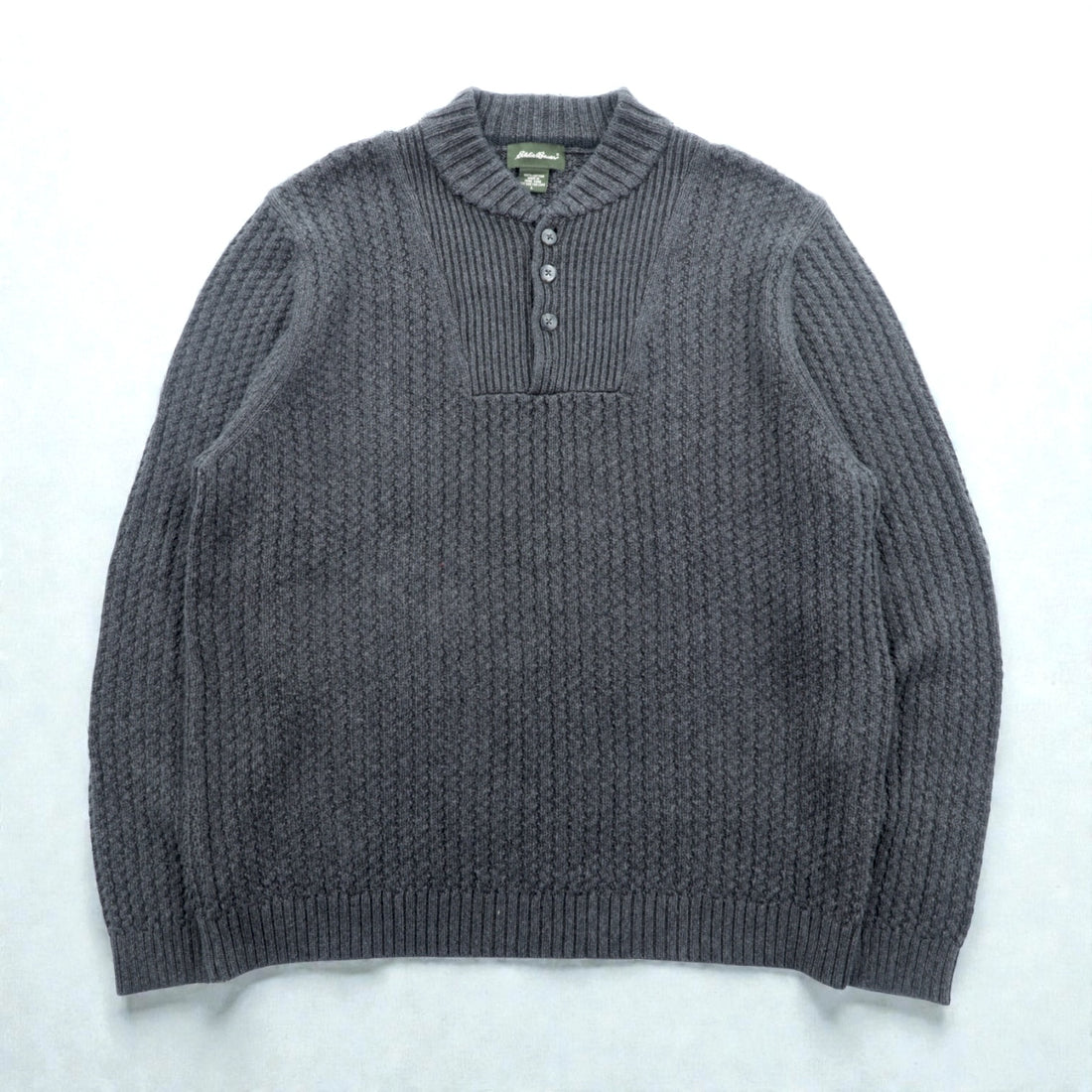 Eddie Bauer ヘンリーネック リブニット セーター L グレー コットン