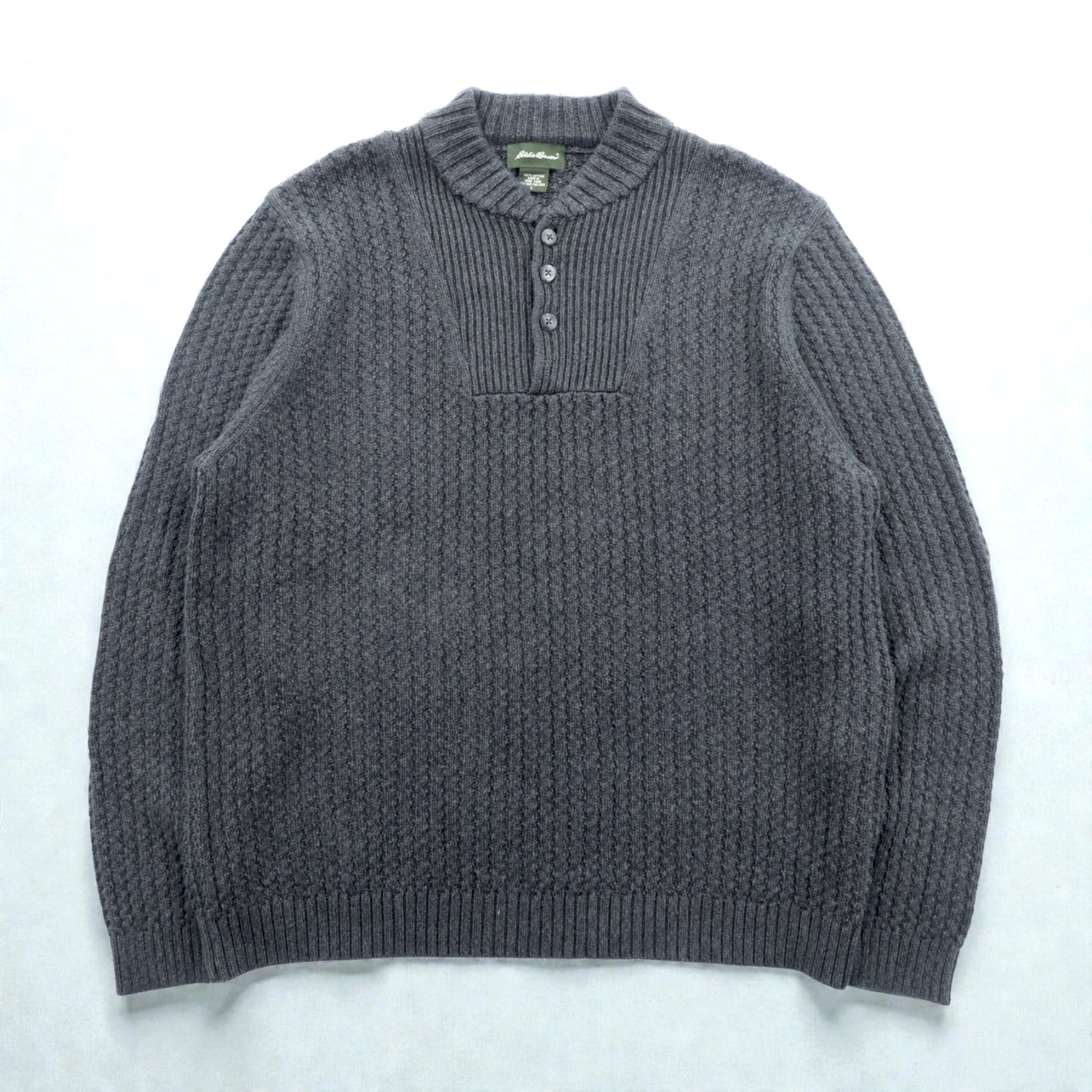 Eddie Bauer ヘンリーネック リブニット セーター L グレー コットン