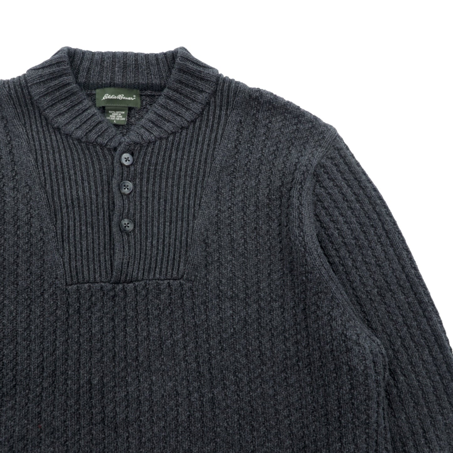 Eddie Bauer ヘンリーネック リブニット セーター L グレー コットン