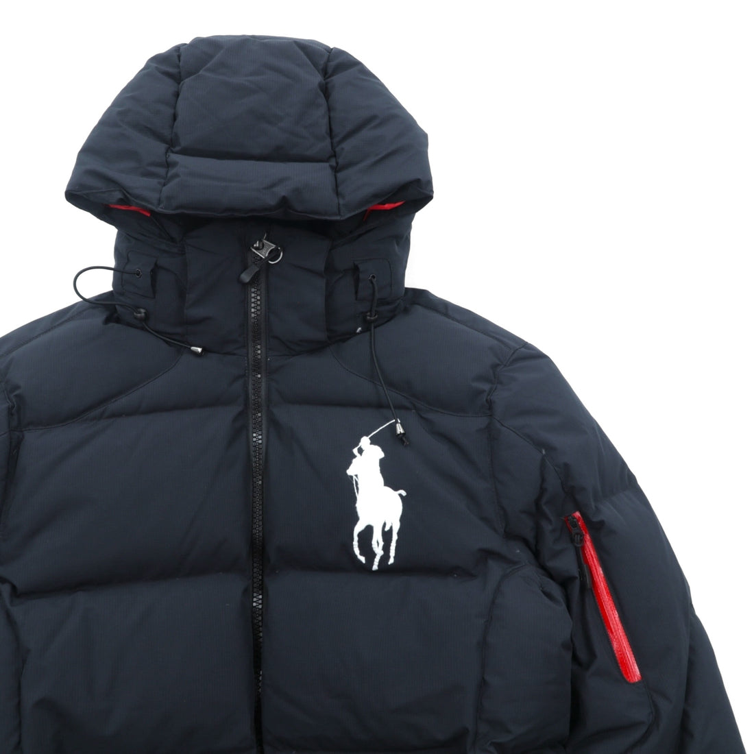 Polo Ralph Lauren Big Pony High Neck Down Jacket, Size S, Black, Removable Hood, Drawcord