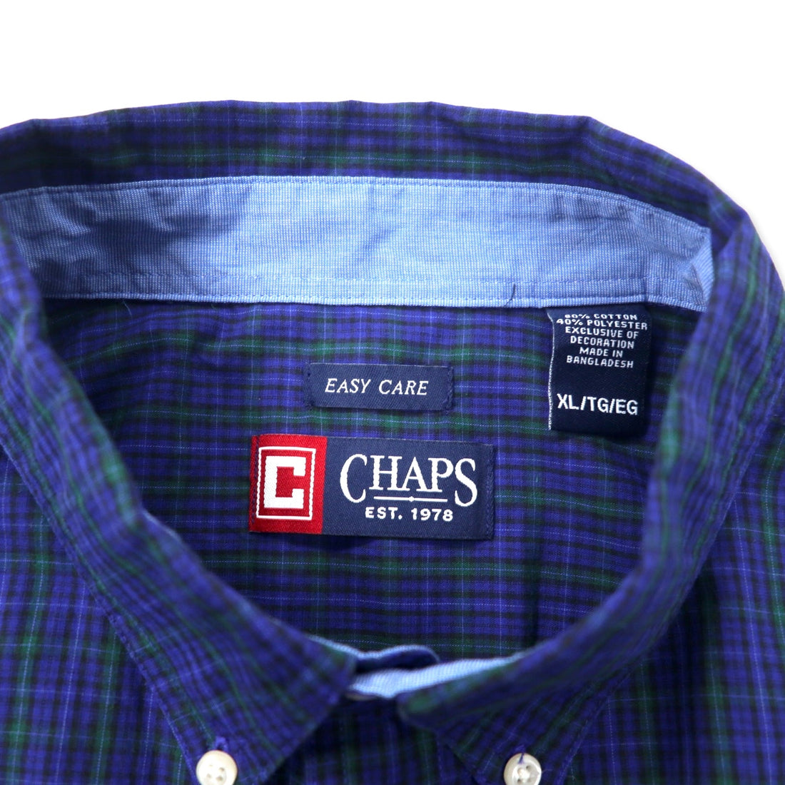 CHAPS Button-down Shirt, XL, Navy, Check, Cotton, EASY CARE, One-point logo embroidery
