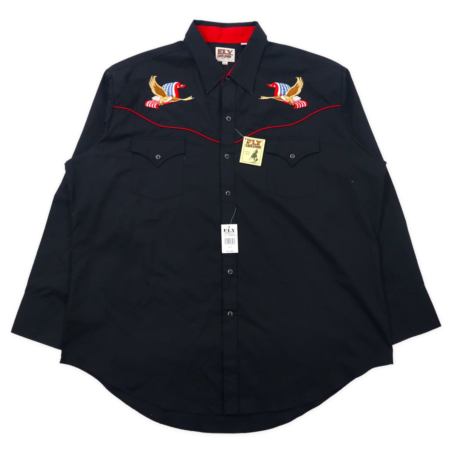 日本然リトテ-古着オンライン-ELY CATTLEMAN 70年代 ウエスタンシャツ XXL ブラック コットン スーベニア 刺繍 デッドストック 未使用品-Ely Cattleman 70's Western shirt XXL Black Cotton Souvenir Embroidery Unused Unused