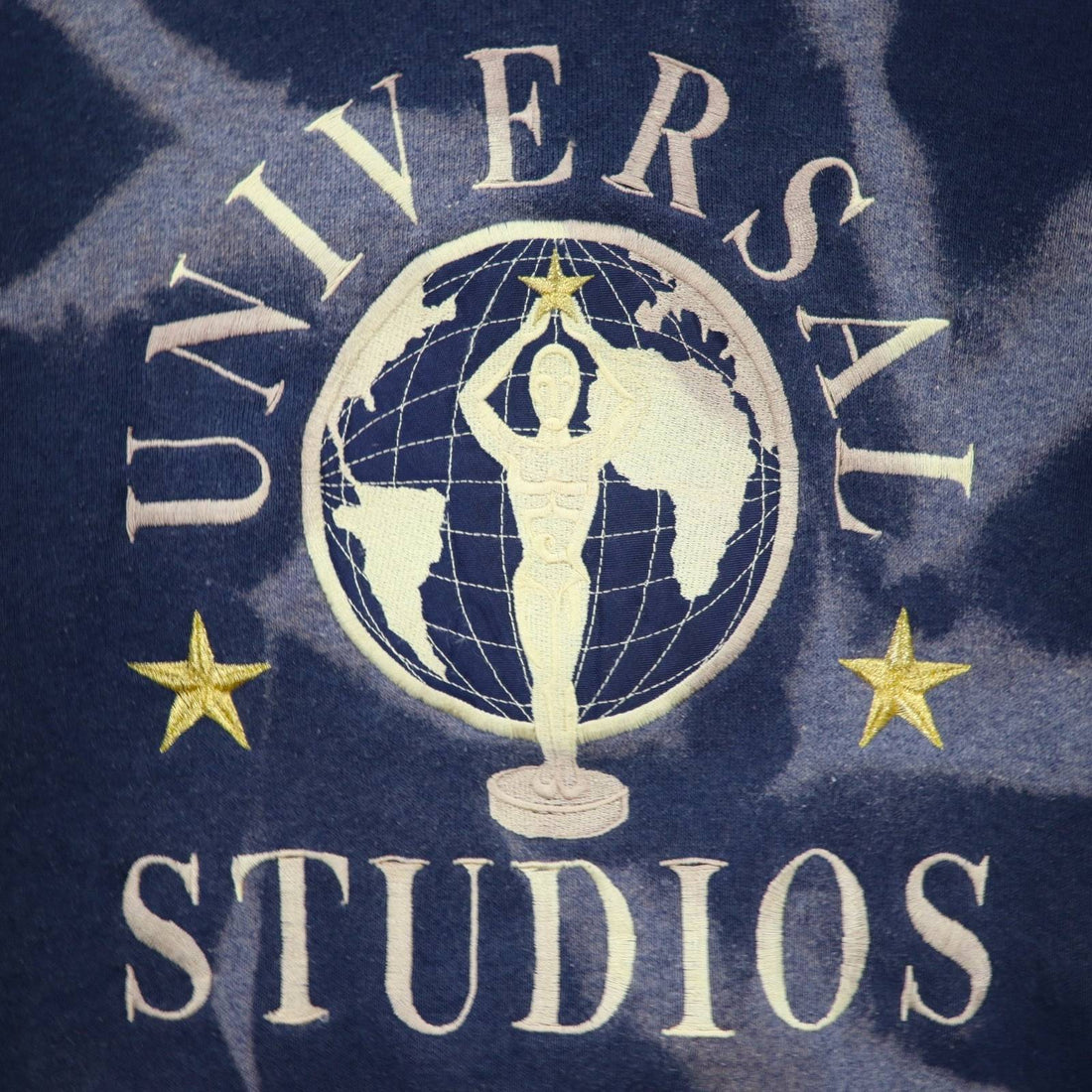 90s UNIVERSAL STUDIOS Tie-dye Embroidered Sweatshirt L Navy Fleece Lining