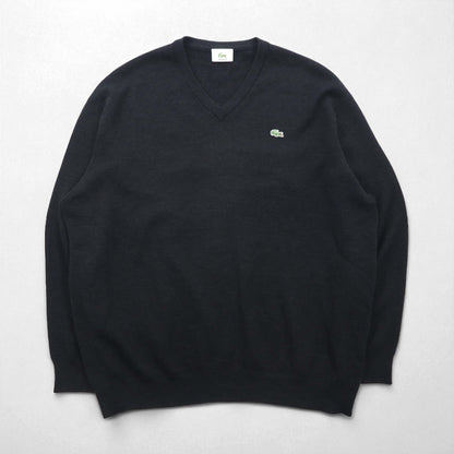 LACOSTE V-neck knit sweater, XL, gray wool, one-point logo.