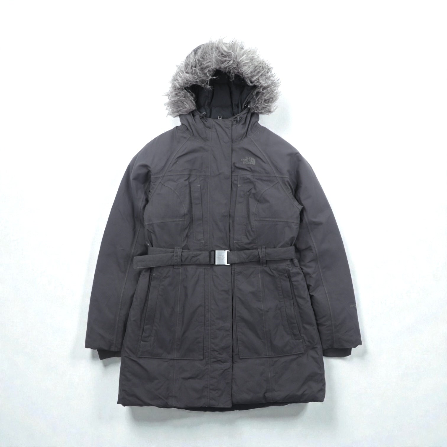 THE NORTH FACE マウンテン ダウンコート M グレー HYVENT 防水 ファー着脱式 ベルト付き グースダウン