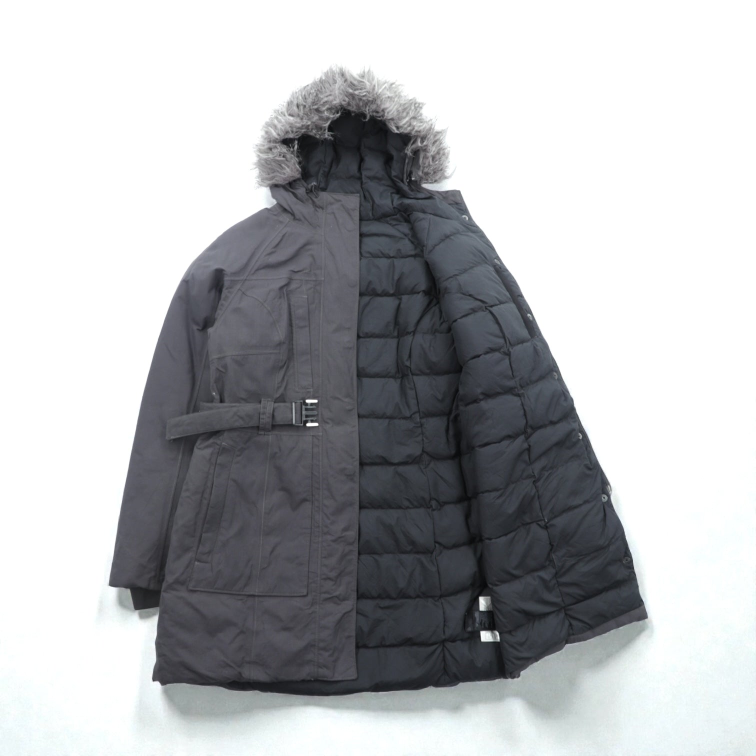 THE NORTH FACE マウンテン ダウンコート M グレー HYVENT 防水 ファー着脱式 ベルト付き グースダウン