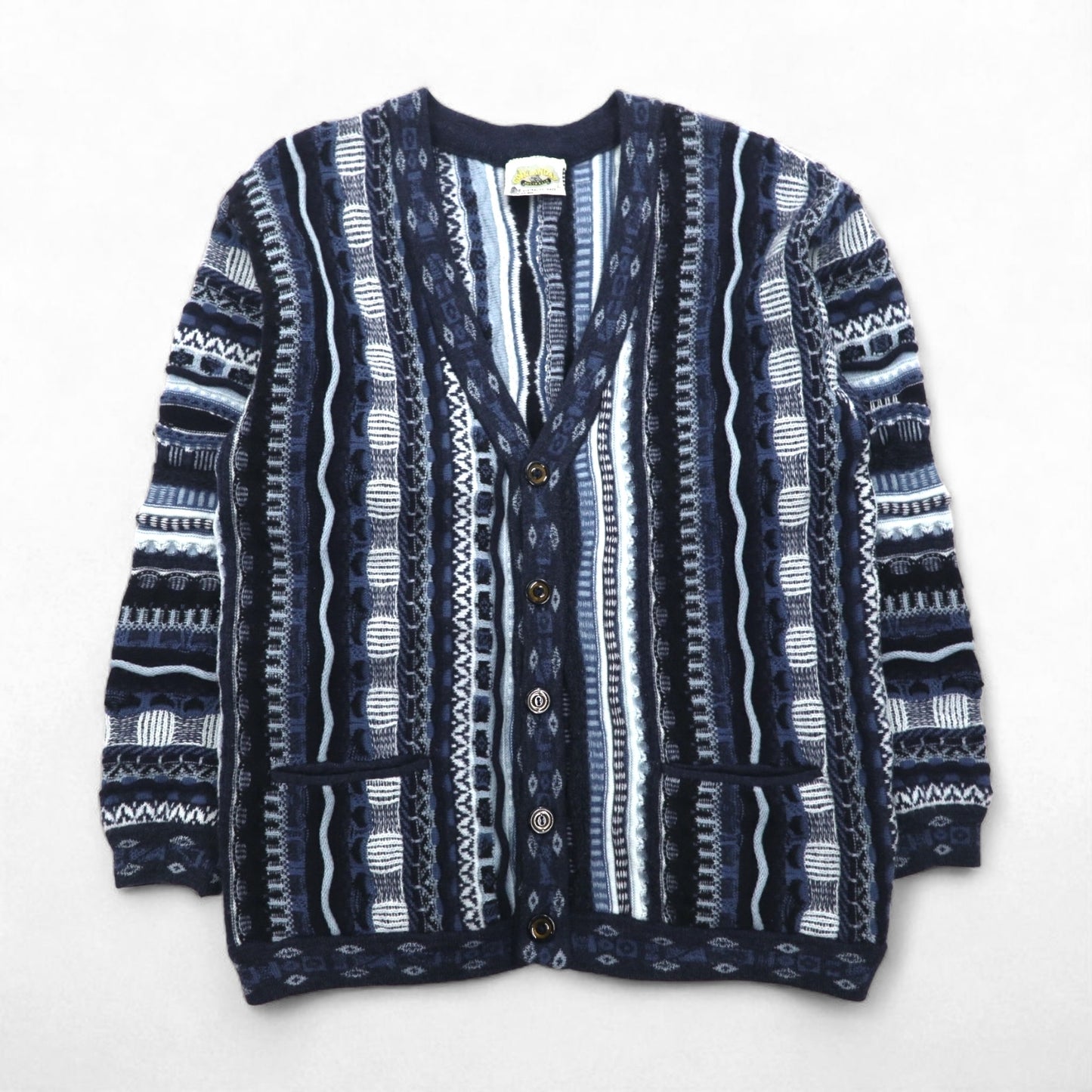 90s Australian Vintage AKLANDA 3D Knit Cardigan, 3D Knit Jacquard Cardigan, Size L, Navy, Made in Australia