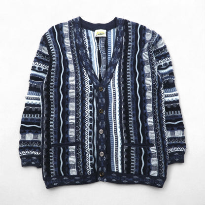 90s Australian Vintage AKLANDA 3D Knit Cardigan, 3D Knit Jacquard Cardigan, Size L, Navy, Made in Australia