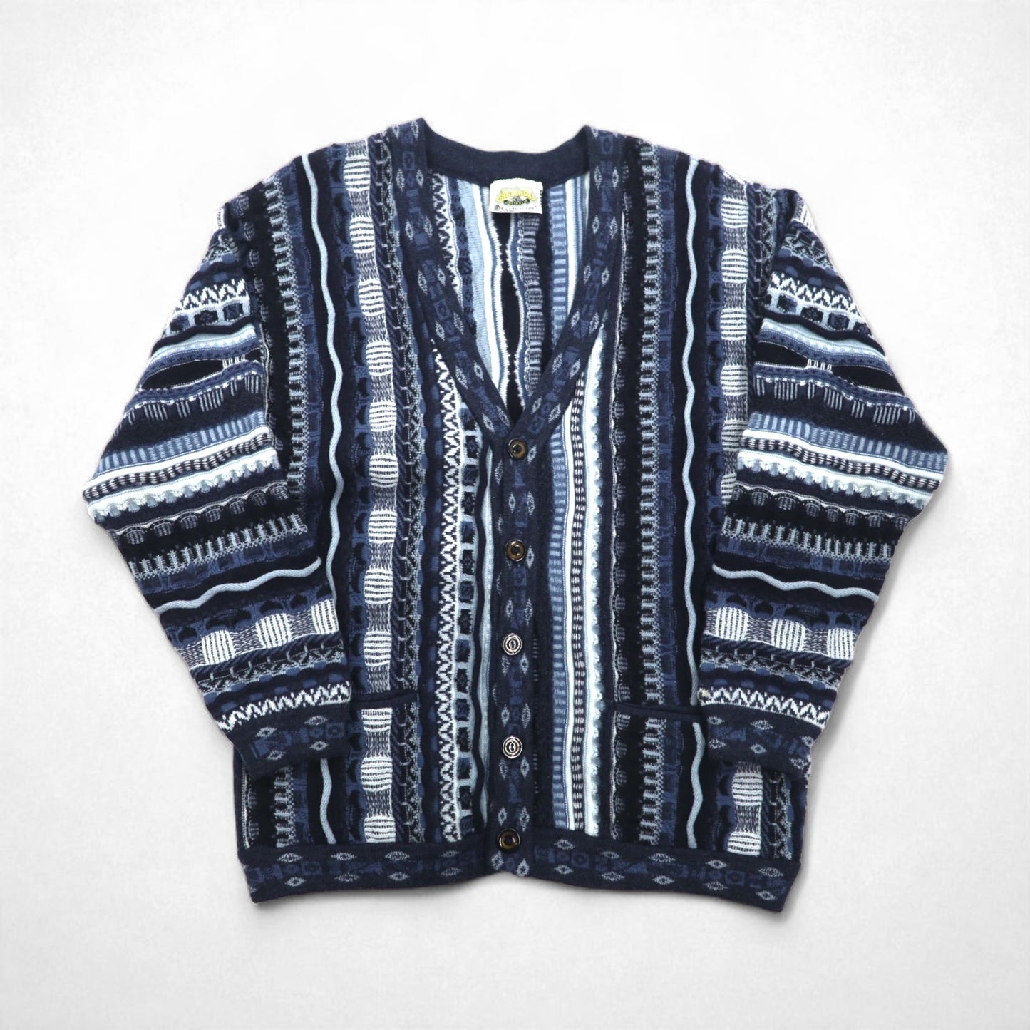 90s Australian Vintage AKLANDA 3D Knit Cardigan, 3D Knit Jacquard Cardigan, Size L, Navy, Made in Australia