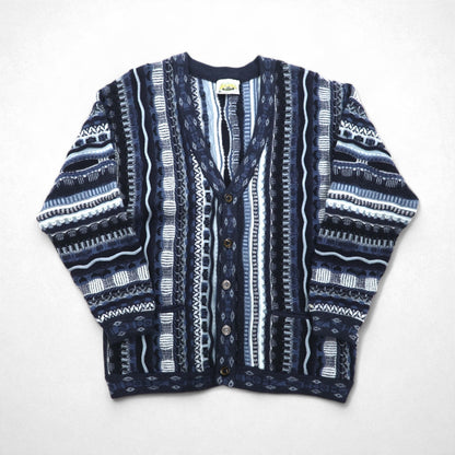 90s Australian Vintage AKLANDA 3D Knit Cardigan, 3D Knit Jacquard Cardigan, Size L, Navy, Made in Australia