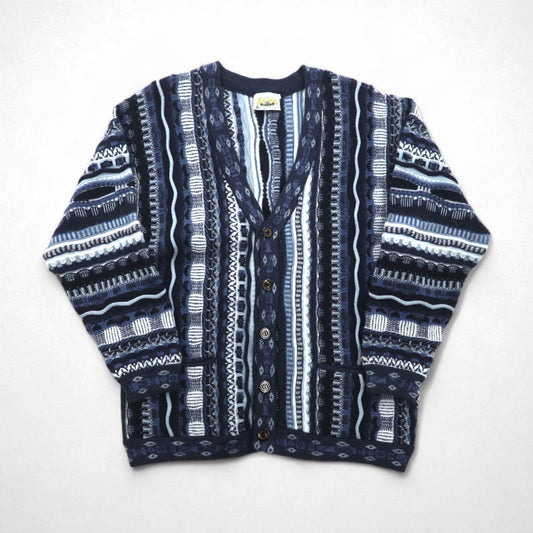 90s Australia Vintage 3D Knit Cardigan AKLANDA 3D ニット ジャガード カーディガン L ネイビー オーストラリア製