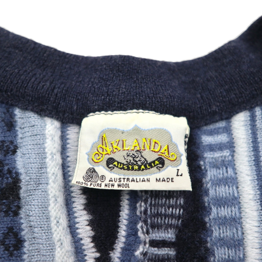 90s Australian Vintage AKLANDA 3D Knit Cardigan, 3D Knit Jacquard Cardigan, Size L, Navy, Made in Australia